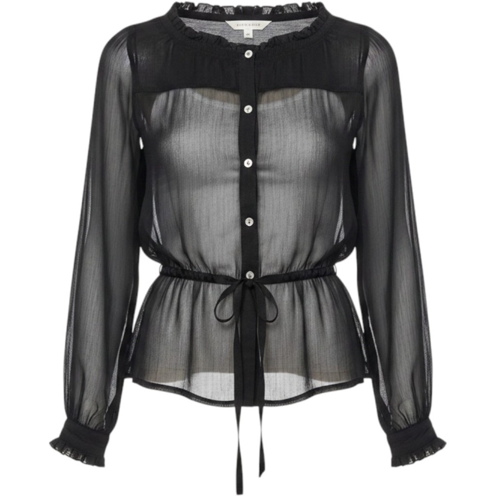 ROMY Romantic Sheer Chiffon Blouse Womens Small Black Sexy Ruffle Ribbon Tie - Picture 2 of 13